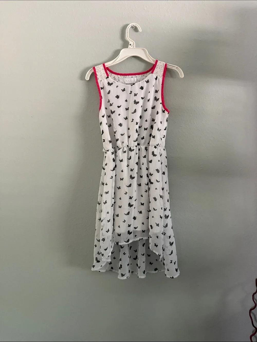 Guess White Butterfly High-Low Dress with Pink Trim